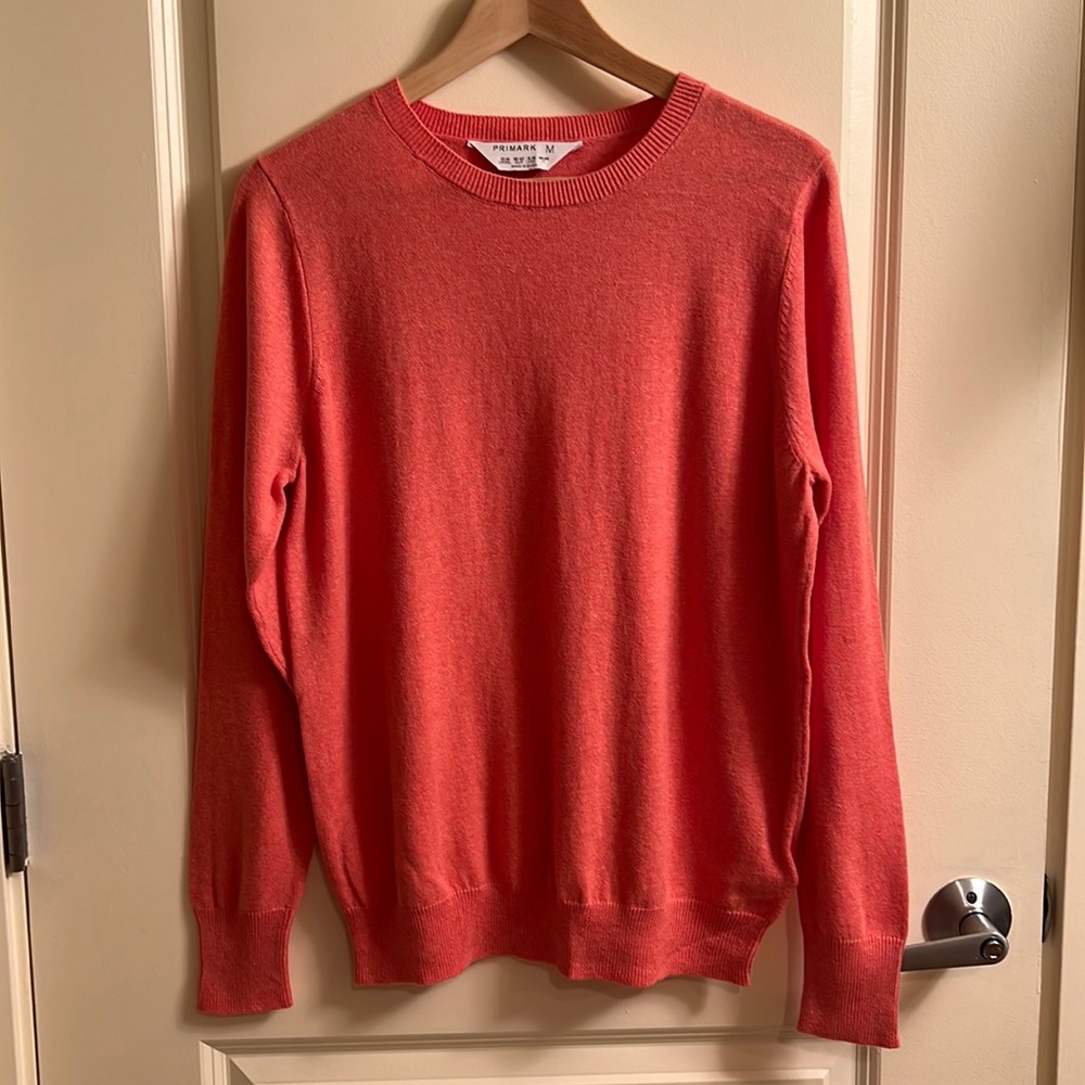 Coral pink crew neck sweater.